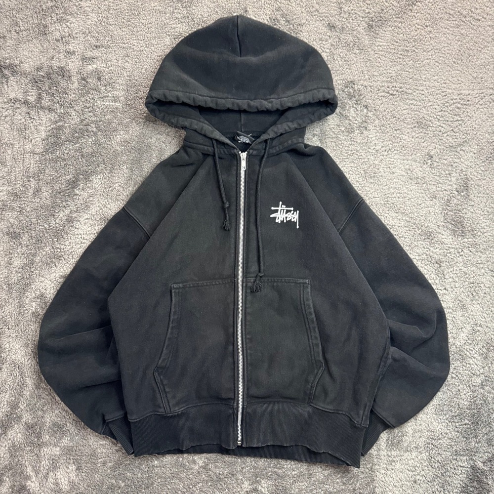 Stussy VTG Stock Logo Full Zip Hoodie Black Small Graphic Heavy Sweatshirt Mens